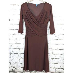 B-SLIM Ruched Stretch Jersey Knit Dress Brown Flattering Compression Medium
